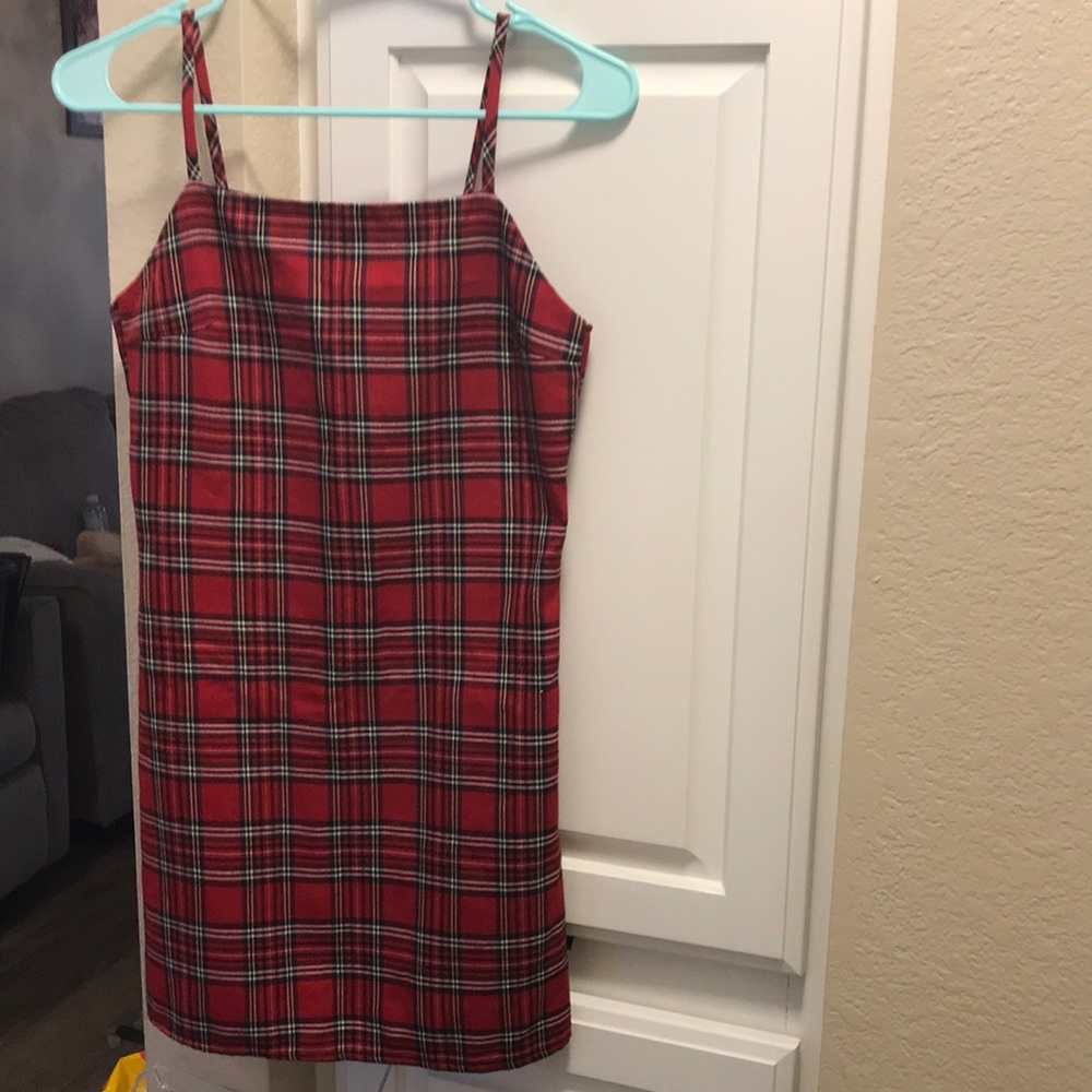 Purrr Melrose red plaid spaghetti strap dress